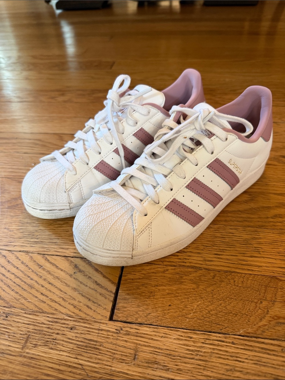 adidas Women’s Superstar Sneakers - White with Mauve Stripes